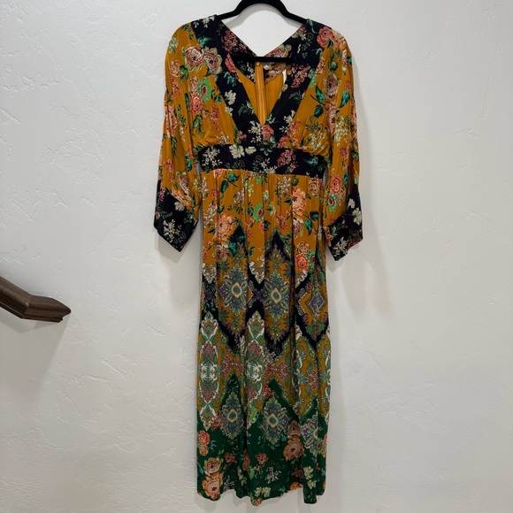Anthropologie Printed V-Neck Maxi Dress Women's 4 Bohemian Floral Kimono Sleeve - Picture 4 of 16